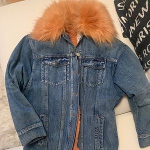 Denim jacket with pink faux fur